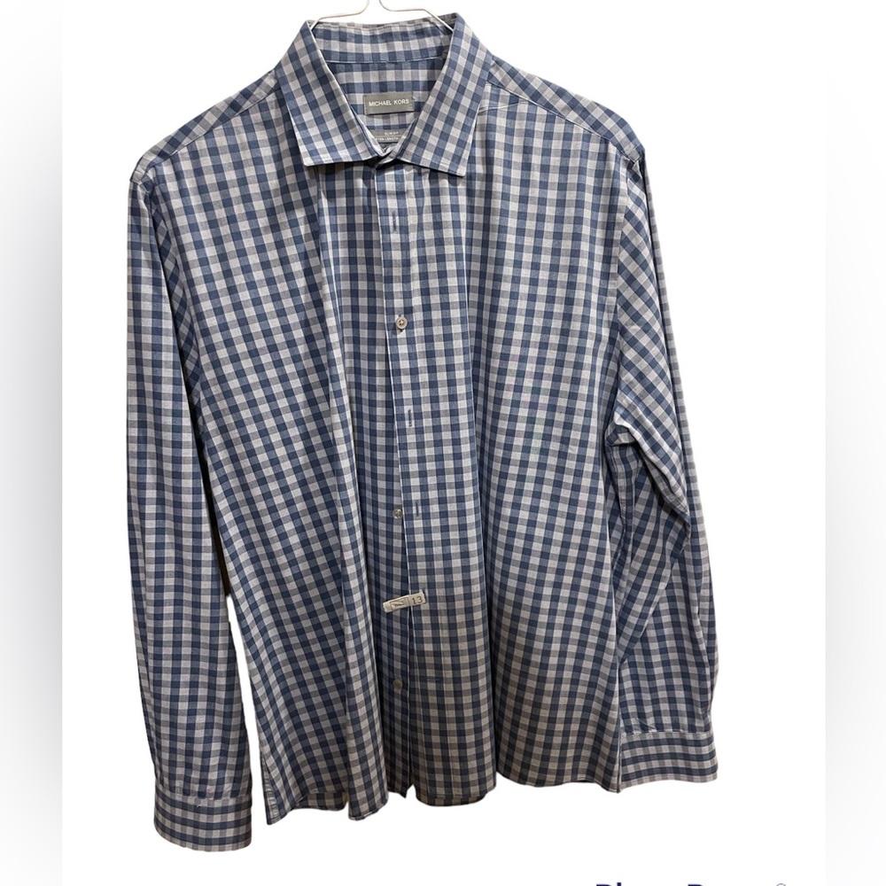 Michael Kors Men’s Light Grey & Blue Checkered Button Down Shirt